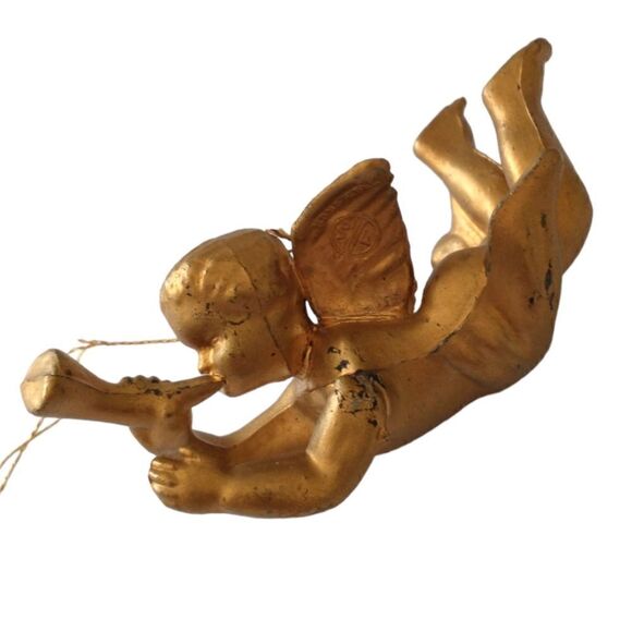 Cherub Angel Christmas Ornament Gold Plastic Vtg 70s WF Winged Trumpet Hong Kong - Picture 3 of 15